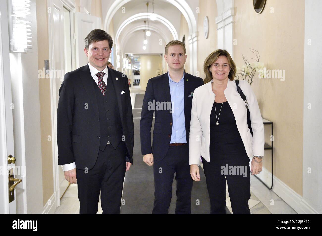 Swedish Speaker of Parliament Andreas Norlen (L) meets with spokespersons  of the Green Party Gustav Fridolin and Isabella Lovin at the Parliament in  Stockholm, Sweden, on Oct 15. Seven party leaders will