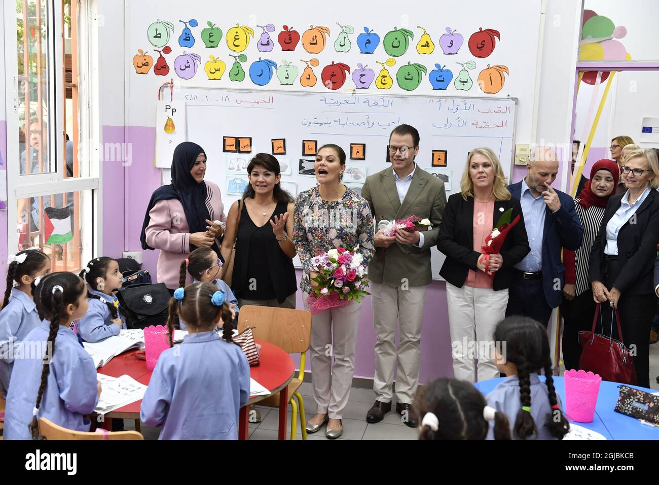 BEIRUT 20181018 Swedish Crown Princess Victoria, Prince Daniel and Minister Lena Hallengren during a visit to a girl school in Beirut, Lebanon on Thursday . The Crown Princess couple is on a five-day visit to Jordan and Libanon. Photo: Jonas Ekstromer / TT / code 10030  Stock Photo