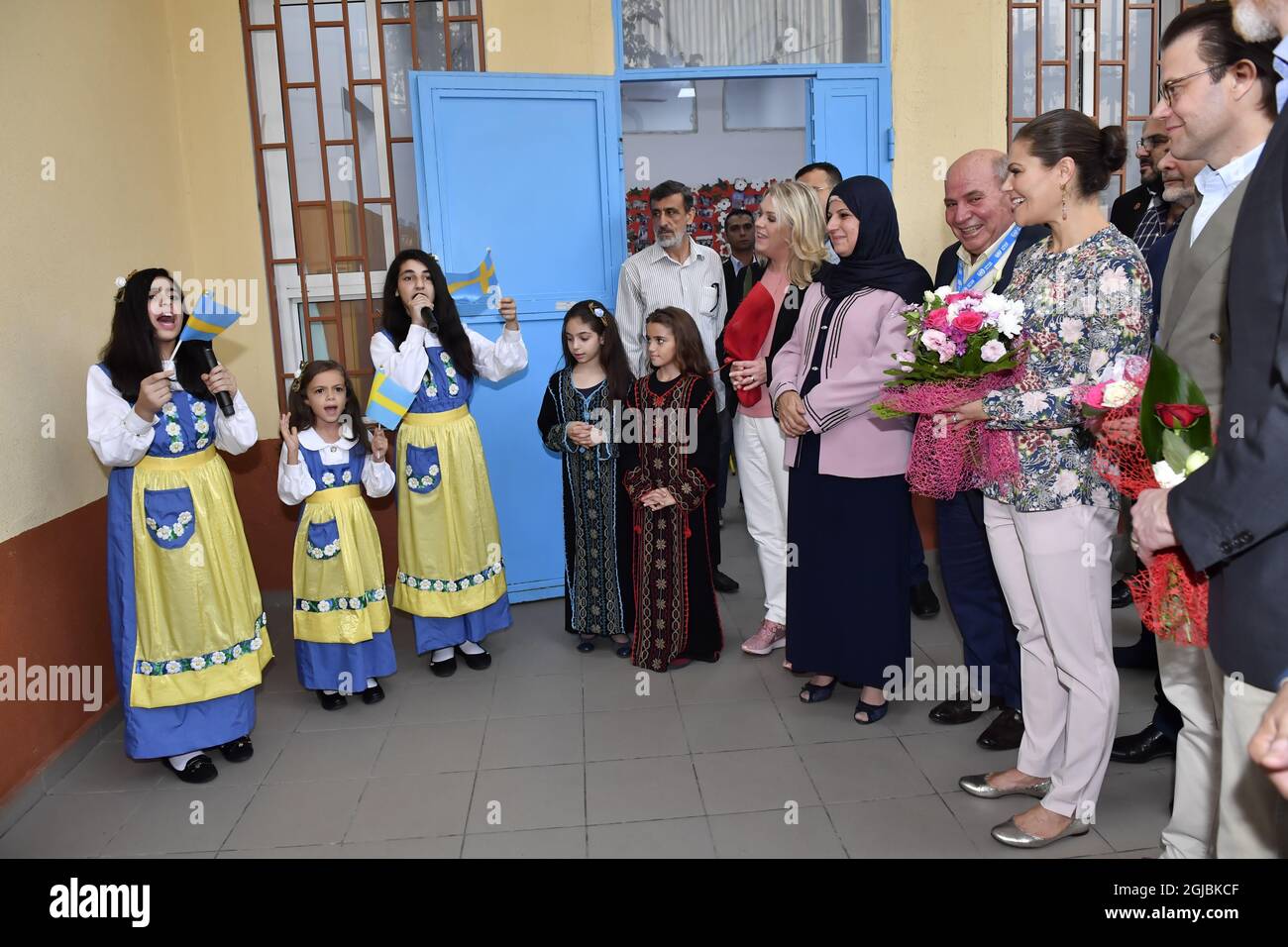 BEIRUT 20181018 Swedish Crown Princess Victoria, Prince Daniel and Minister Lena Hallengren during a visit to a girl school in Beirut, Lebanon on Thursday The students performed the national anthem of Sweden. The Crown Princess couple is on a five-day visit to Jordan and Libanon. Photo: Jonas Ekstromer / TT / code 10030  Stock Photo