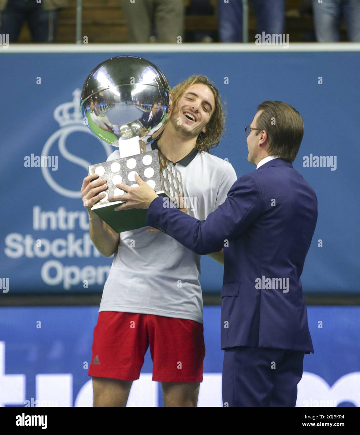 Prince Daniel of Sweden with the winner Stefanos Tsitsipas of Greece during  the ATP Stockholm Open tennis tournament finals between Ernests Gulbis and  Stefanos Tsitsipas at the Royal Tennis Hall on October