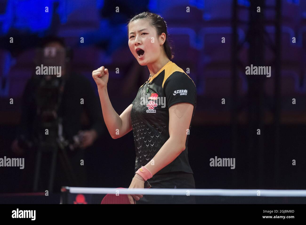Ding Ning of China in action against Ishikawa Kasumi of Japan during the women's quarterfinal table tennis match at the Swedish Open Championships in Eriksdalshallen in Stockholm, Sweden, on Nov. 03, 2018. Photo: Stina Stjernkvist / TT / code 11610  Stock Photo