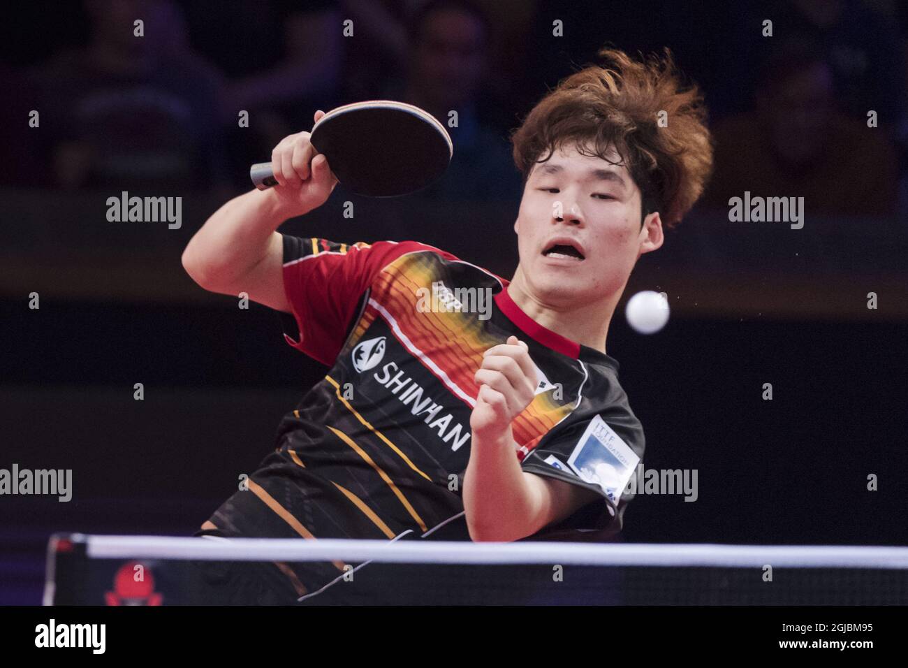 Jang Woojin of South Korea in action against Xu Xin of China during the men's quarterfinal table tennis match at the Swedish Open Championships in Eriksdalshallen in Stockholm, Sweden, on Nov. 03, 2018. Photo: Stina Stjernkvist / TT / code 11610  Stock Photo
