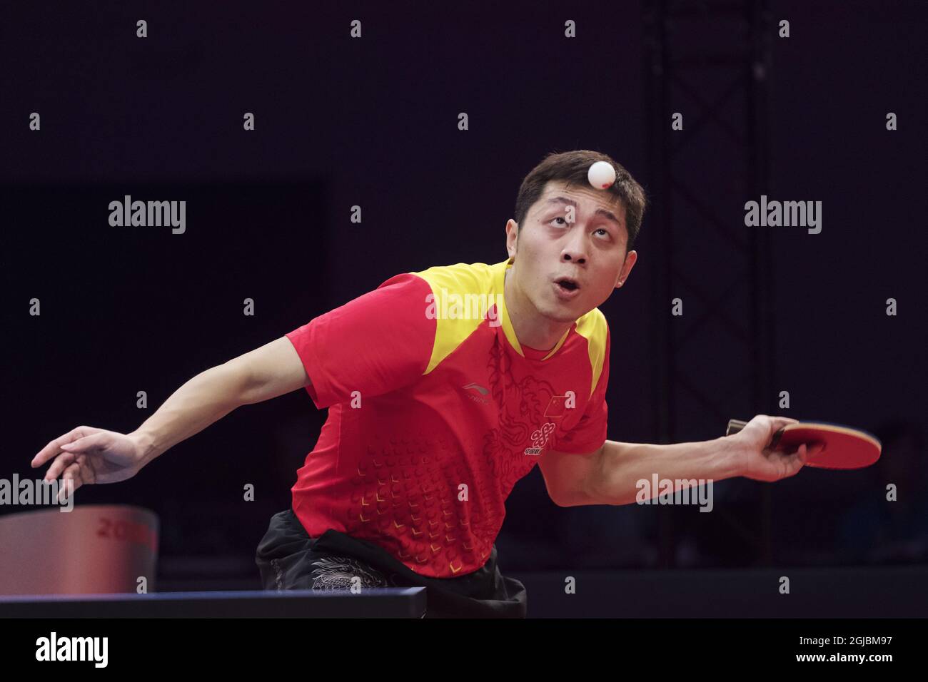 Xu Xin of China in action against Jang Woojin of South Korea during the men's quarterfinal table tennis match at the Swedish Open Championships in Eriksdalshallen in Stockholm, Sweden, on Nov. 03, 2018. Photo: Stina Stjernkvist / TT / code 11610  Stock Photo