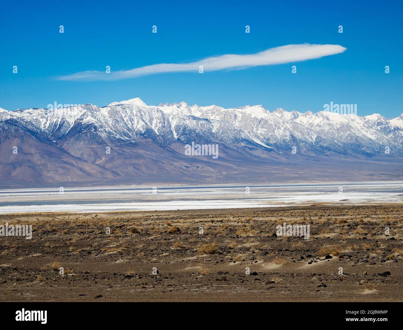 USA, California. Sierra Nevada and Owens Lake (a large salt flat Stock