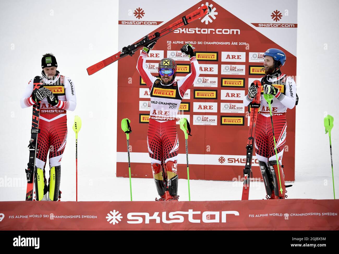 Ã…RE 2019-02-17 Left to right: Michael Matt AUT's second place, Marcel Hirscher AUT's first place and Marco Schwarz AUT's third place after the second race at the Alpine Ski World Championships in Are, Sweden, Feb.17, 2019 Foto: Pontus Lundahl / TT / kod 10050  Stock Photo