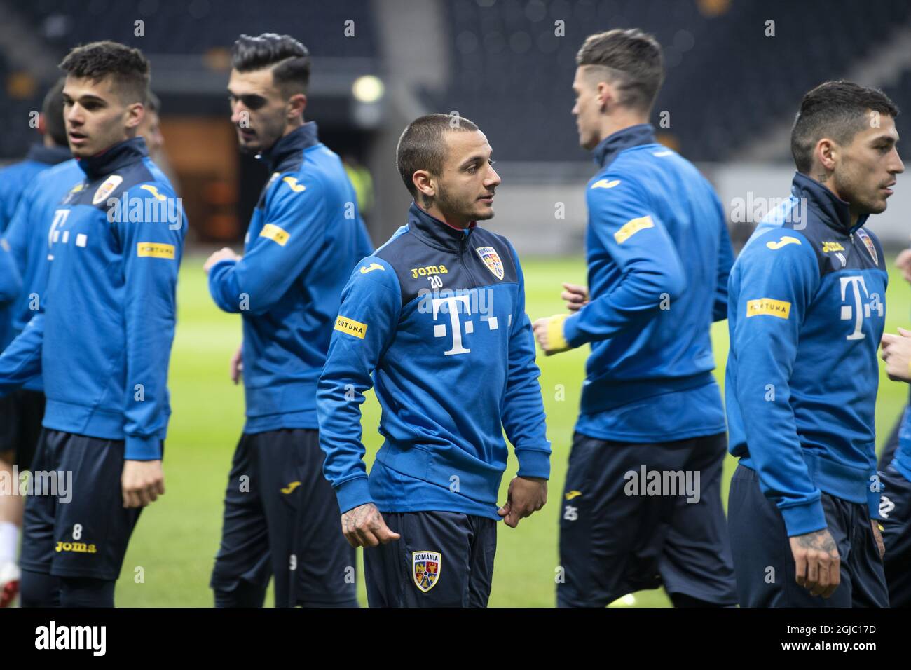 Alexandru Mitrita (in the middle) surrounded by from left Ianis Hagi, Andrei Ivan, Dennis Man and Nicolae Stanci during the Romanian national football team´s training session at Frinds Arena in Stockholm, Sweden on March 22, 2019 on the eve before the team's UEFA Euro 2020 qualifier against Sweden on Saturday. Photo: Henrik Montgomery / TT / kod 10060  Stock Photo