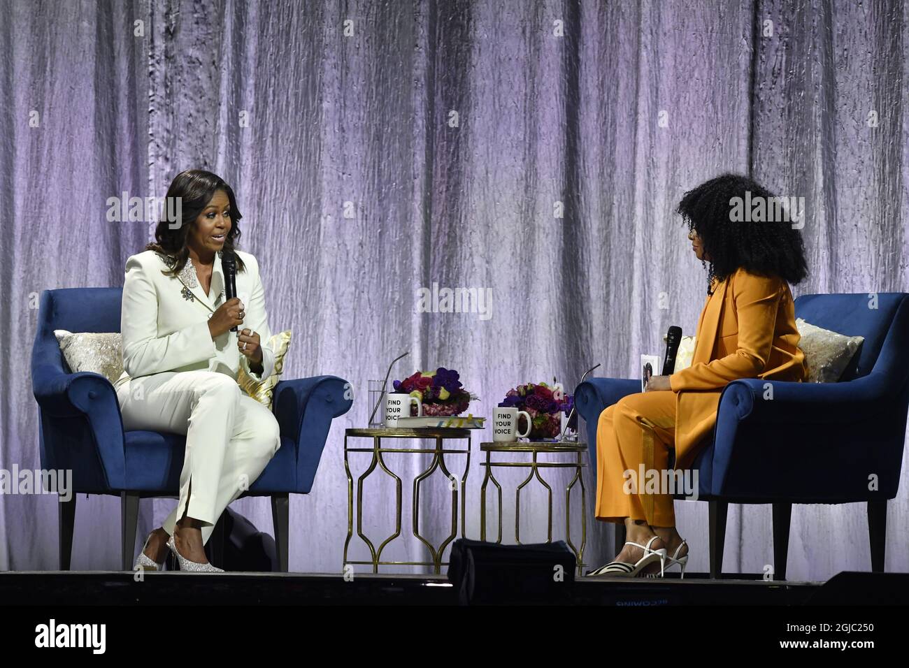 STOCKHOLM 20190410 Former US first lady Michelle Obama on stage at Globen in Stockholm April 10, 2019 during her book tour in Sweden. Photo: Henrik Montgomery / TT / kod 10060  Stock Photo