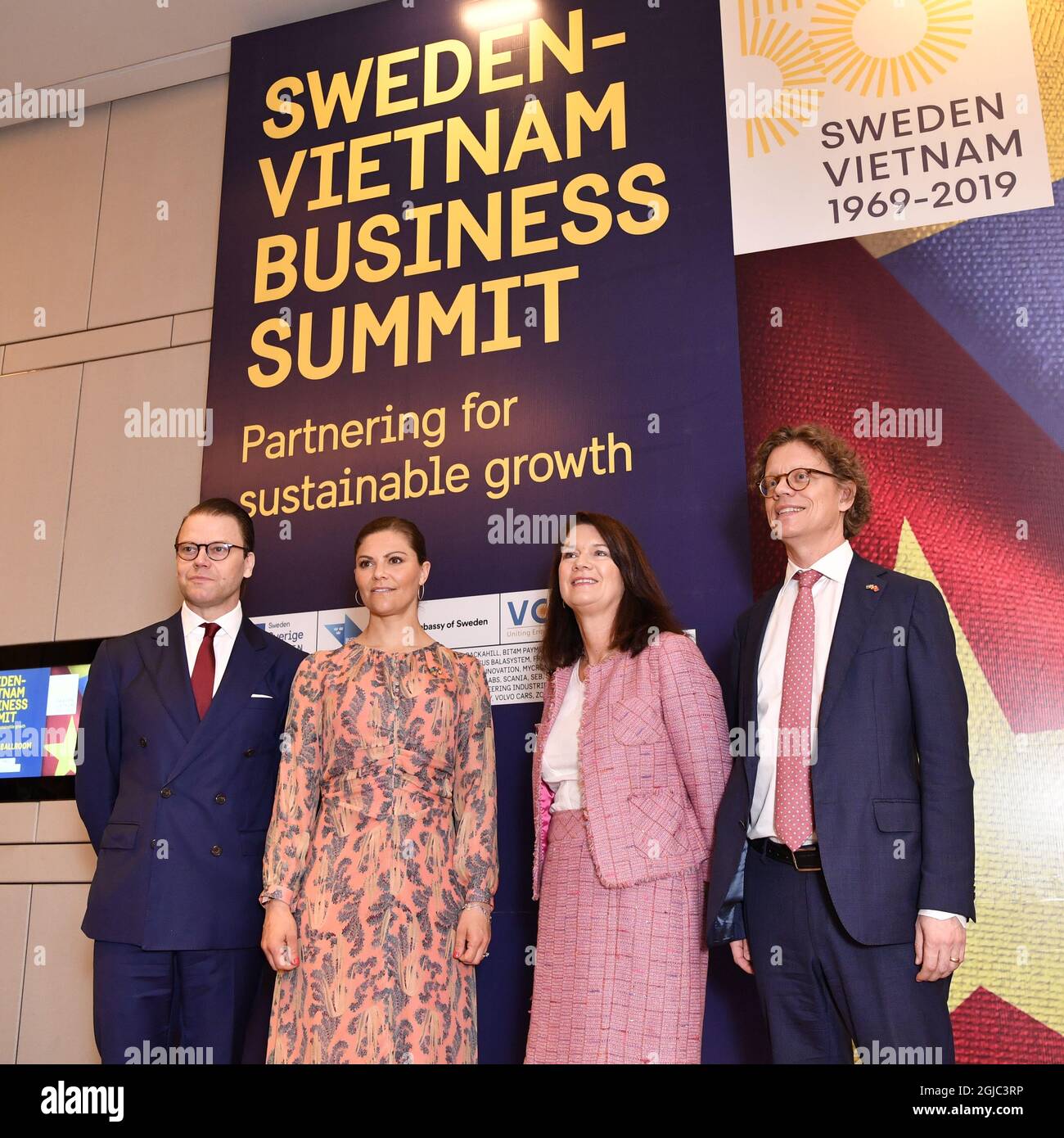 Prince Daniel, Crown Princess Victoria, Minister for Foreign Trade Ann Linde and Pereric H0gberg Sweden's Ambasador to Vietnam during the Sweden Hanoi business summit in Hanoi, Vietnam, Tuesday, May 7, 2019. Crown Princess Victoria and Prince Daniel are visiting Vietnam for three days Photo: Jonas Ekstromer / TT kod 10030 Stock Photo