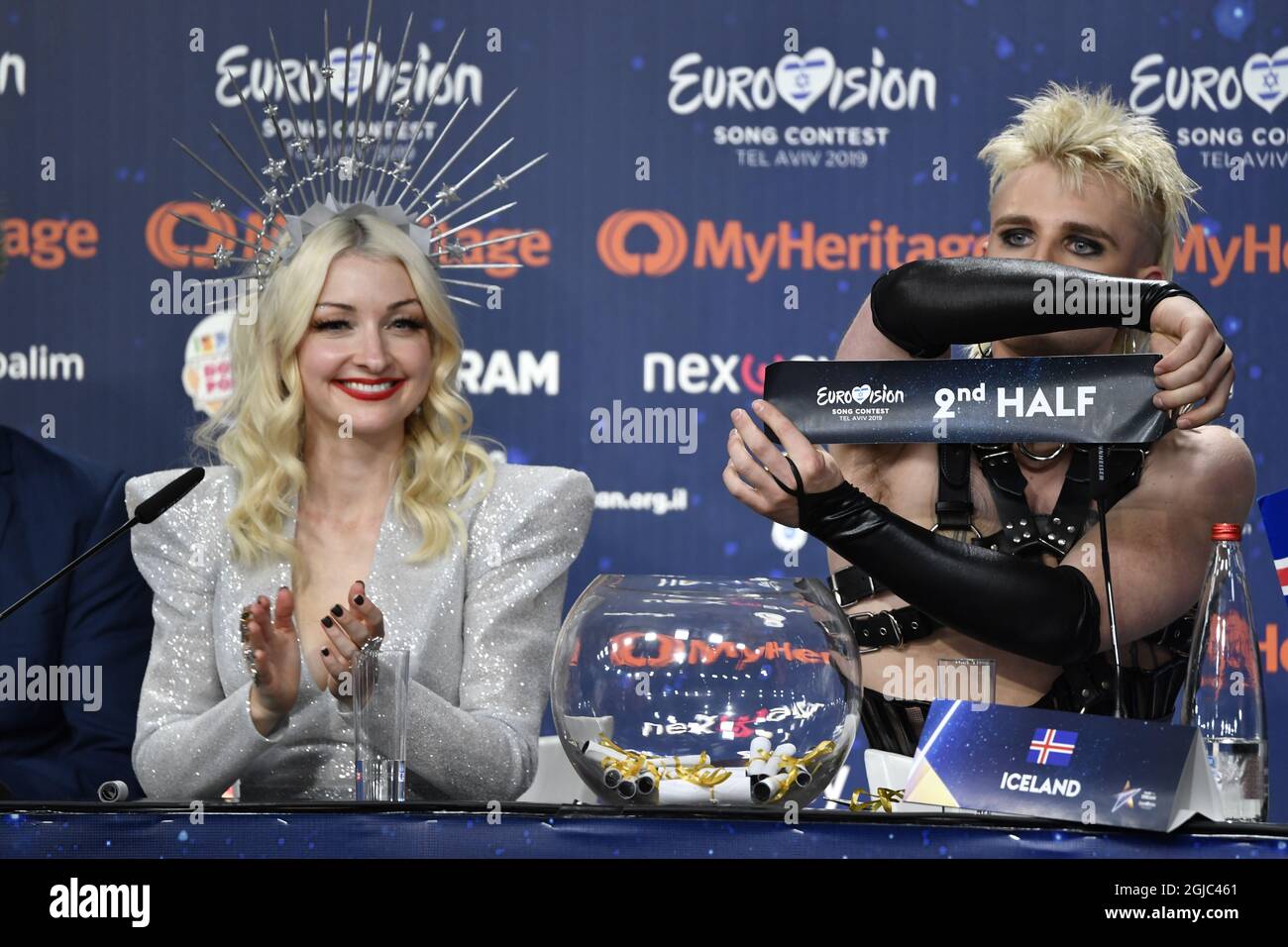 Kate Miller-Heidke of Australia and Hatari from Iceland during a press  conference in the Eurovision Song Contest 2019 in Tel Aviv, Israel, May 13,  2019 Foto: Henrik Montgomery / TT kod 10066 Stock Photo - Alamy