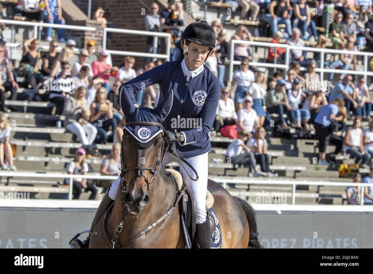 STOCKHOLM 20190614 Athina Onassis rides her horse MHS Going Global during the team jumping competition Global Champions League at Stockholms stadion, Stockholm, Sweden June 14, 2019. Foto Roland Thunholm / TT kod 71835 **  Stock Photo