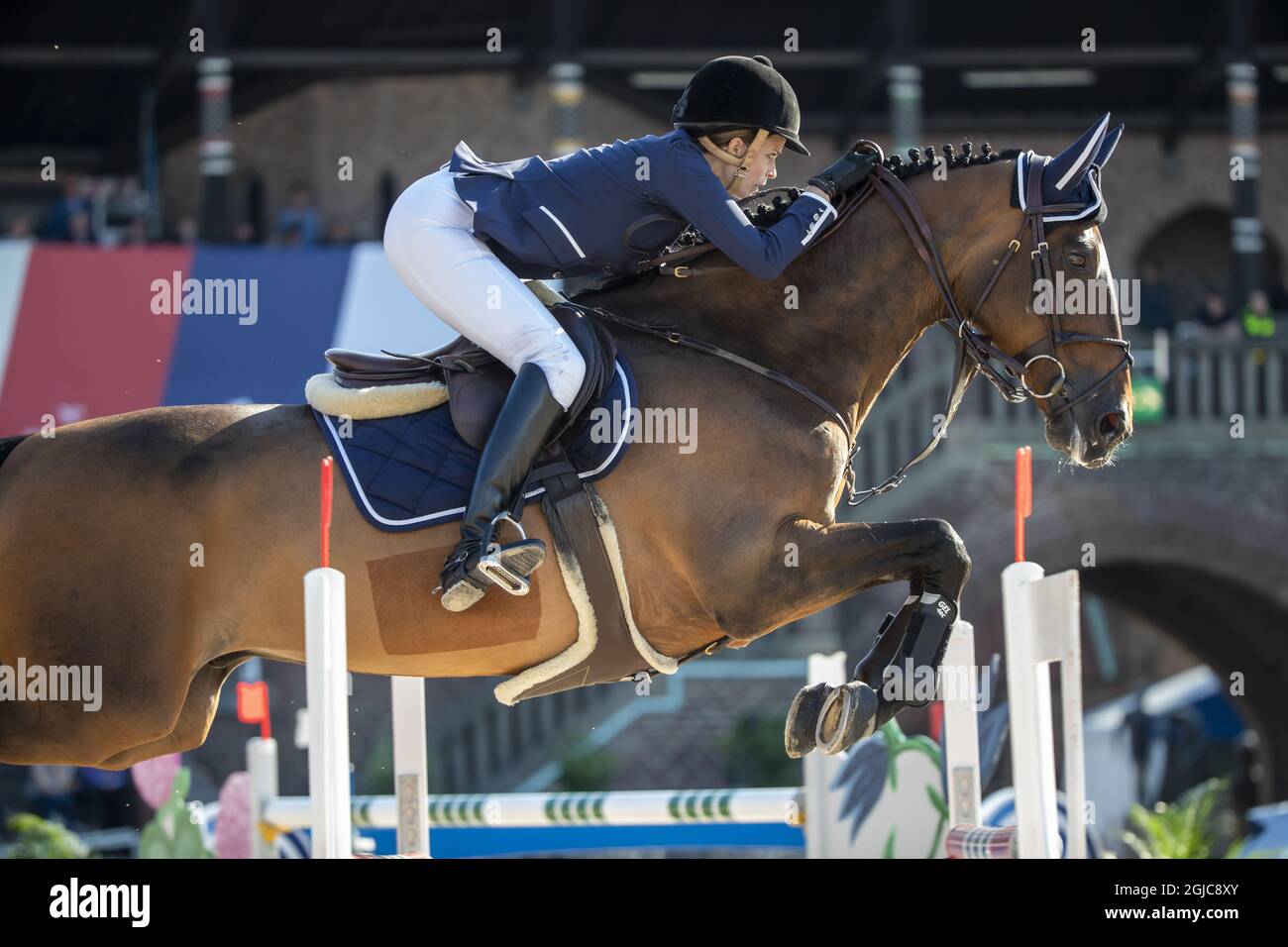 STOCKHOLM 20190614 Athina Onassis rides her horse MHS Going Global during the team jumping competition Global Champions League at Stockholms stadion, Stockholm, Sweden June 14, 2019. Foto Roland Thunholm / TT kod 71835 **  Stock Photo