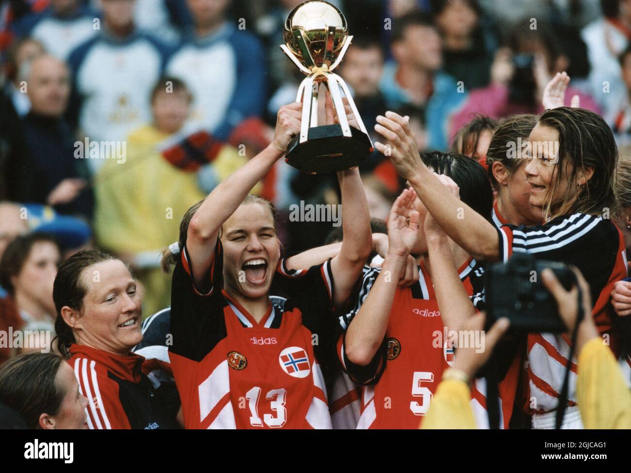 FILES STOCKHOLM 19950618 Norway's Merete Myklebust raises the trophy