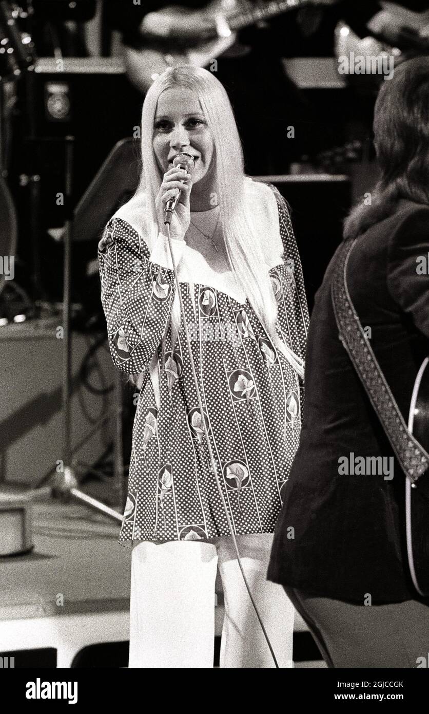 Agnetha Faltskog of ABBA during the Swedish song contest Melodifestivalen,  the pre-contest to the Eurovision song contest, 10 February 1973 at a SVT  studio in Stockholm. ABBA participated with the song Ring