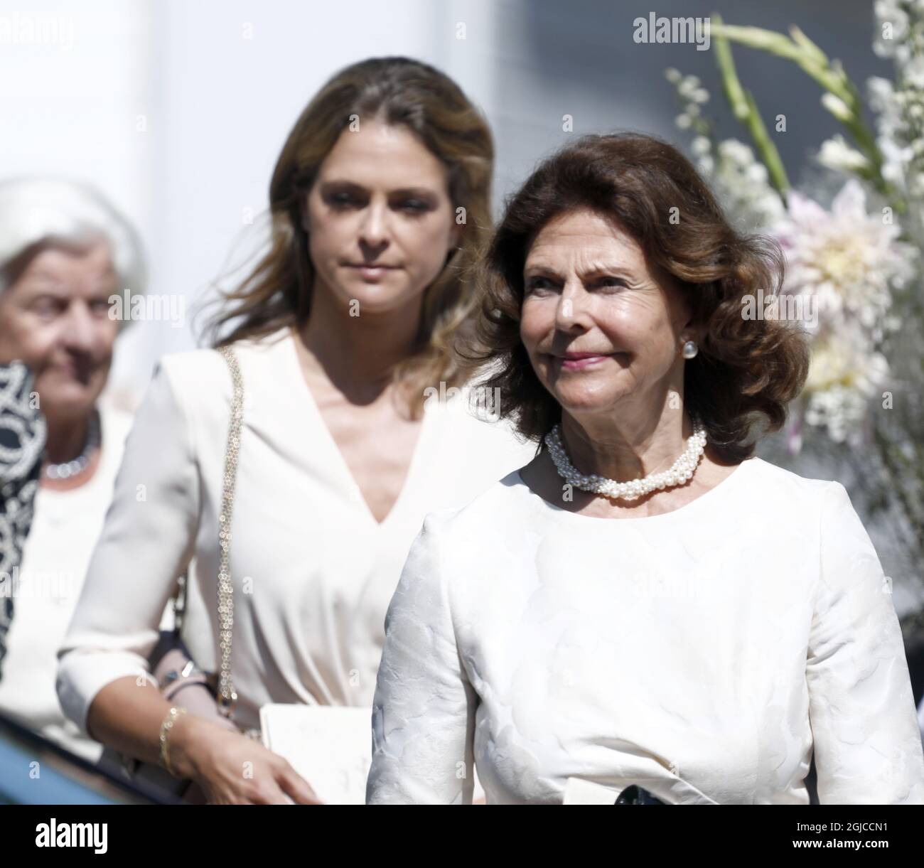 Queen Silvia, Princesss Madeleine Funeral of Anki Wallenberg in Dalaro church, Stockholm, Sweden 19 July 2019 Anki Wallenberg died in a sailing accident on the lake Geneva. She resided in London and was a close friend to the Swedish Royal Family. (c) Patrik Osterberg / TT / kod 2857  Stock Photo