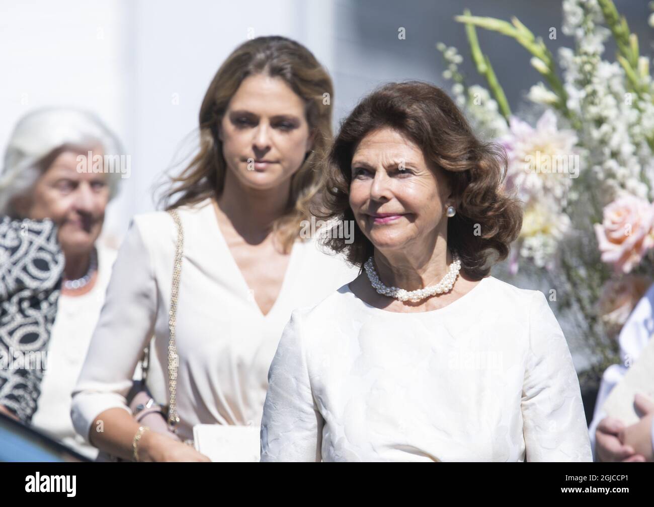 Queen Silvia, Princesss Madeleine Funeral of Anki Wallenberg in Dalaro church, Stockholm, Sweden 19 July 2019 Anki Wallenberg died in a sailing accident on the lake Geneva. She resided in London and was a close friend to the Swedish Royal Family. (c) Patrik Ã–sterberg / TT / kod 2857  Stock Photo