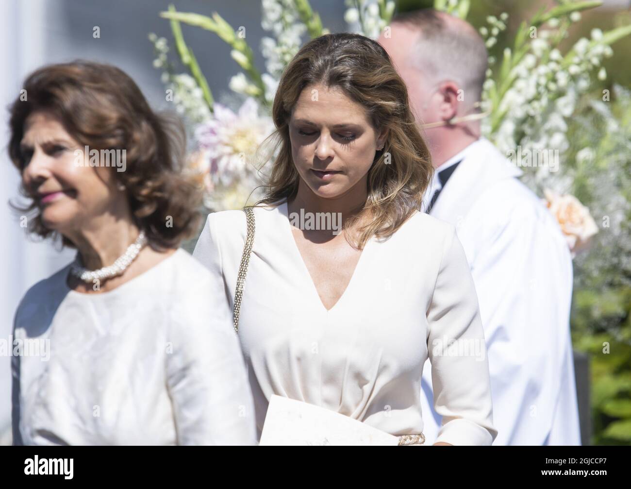 Queen Silvia, Princesss Madeleine Funeral of Anki Wallenberg in Dalaro church, Stockholm, Sweden 19 July 2019 Anki Wallenberg died in a sailing accident on the lake Geneva. She resided in London and was a close friend to the Swedish Royal Family. (c) Patrik Ã–sterberg / TT / kod 2857  Stock Photo