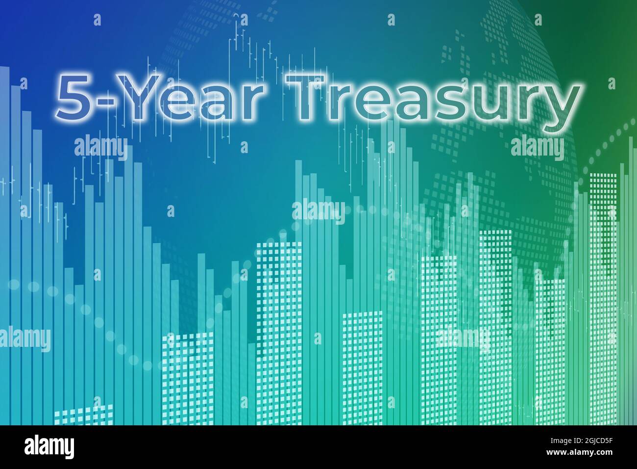Price change when trading bonds 5-Year Treasury on blue finance background from graphs, charts, columns, pillars, bars, number. Trend Up and Down, Fla Stock Photo