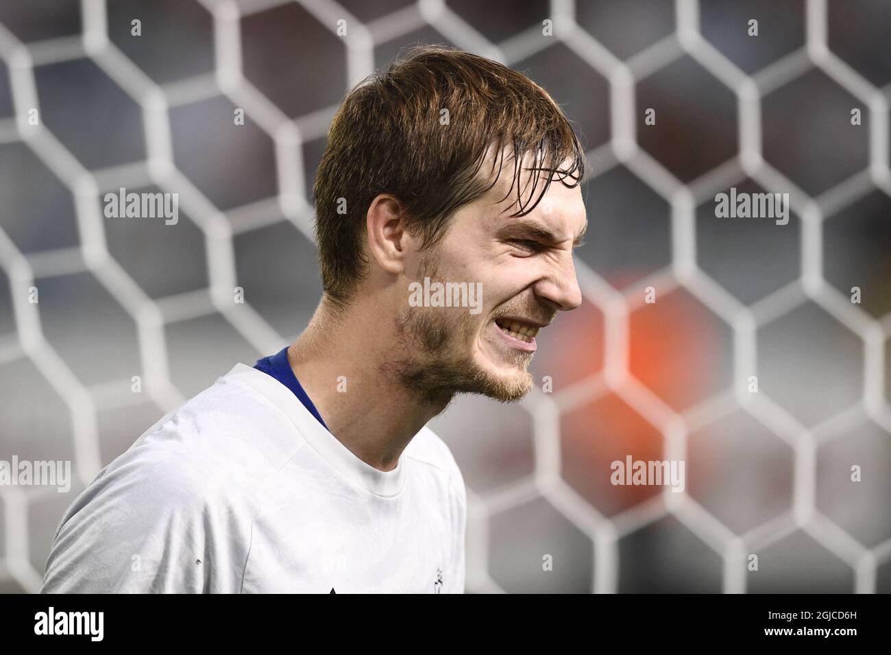 Liepaja's goalkeeper Valentins Ralkevics reacts during the UEFA Europa League second qualifying round, first leg soccer match between IFK Norrkoping FK and FK Liepaja (Latvia) at Ostgotaporten Arena in Norrkoping, Sweden, on July 25, 2019. Photo: Erik Simander / TT / code 11720  Stock Photo