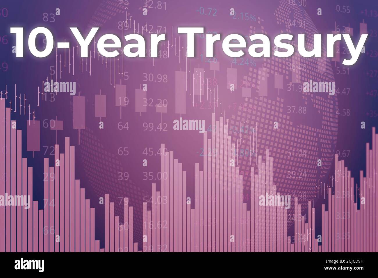 Price change when trading bonds 10-Year Treasury on magenta finance background from graphs, charts, columns, pillars, candle, bars, number. Trend Up a Stock Photo