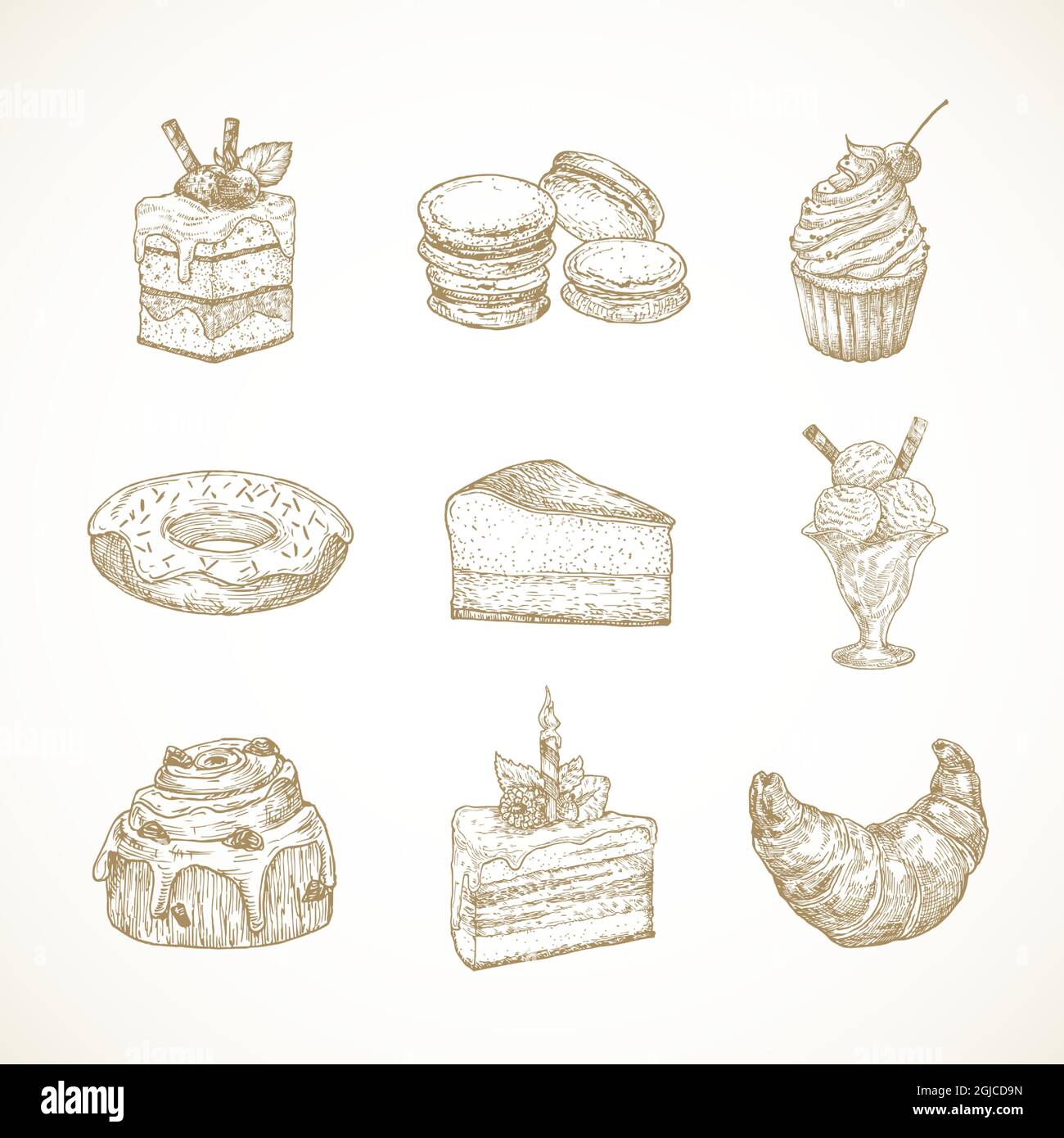 Dessert Sweets Hand Drawn Doodle Vector Illustrations Set. Cakes, Donut