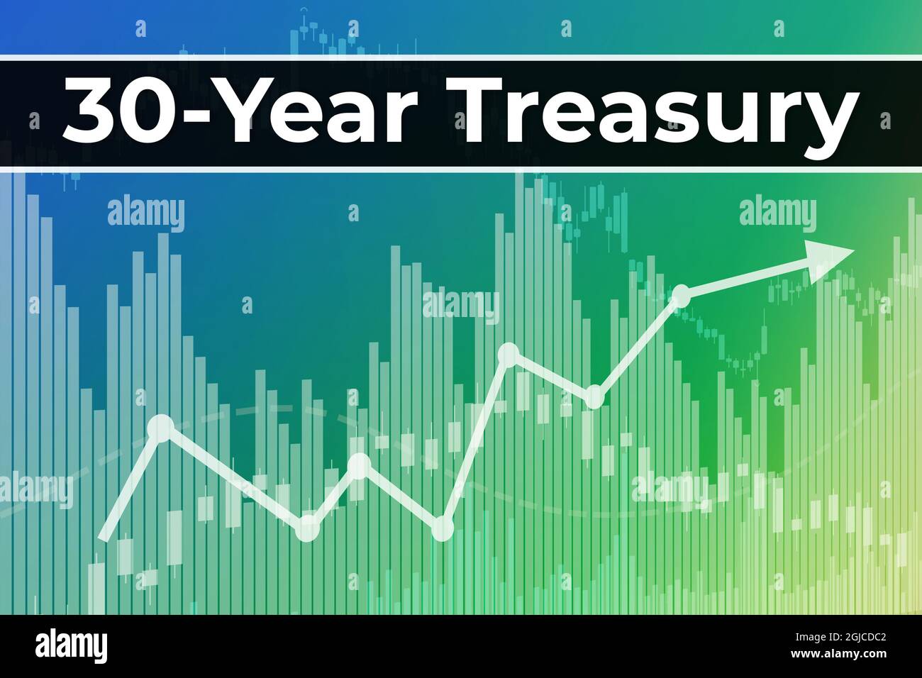 Price change when trading bonds 30-Year Treasury on blue finance background from graphs, charts, columns, pillars, candles, bars, number. Trend Up and Stock Photo