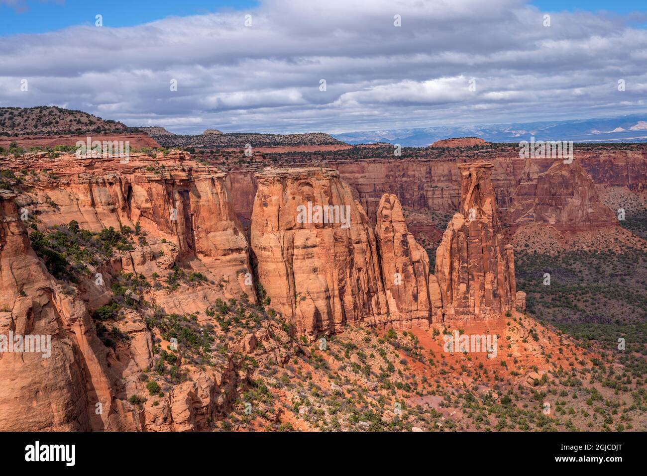USA, Colorado. Colorado National Monument, sandstone towers rise from base of Monument Canyon, Monument Canyon Overlook. Stock Photo