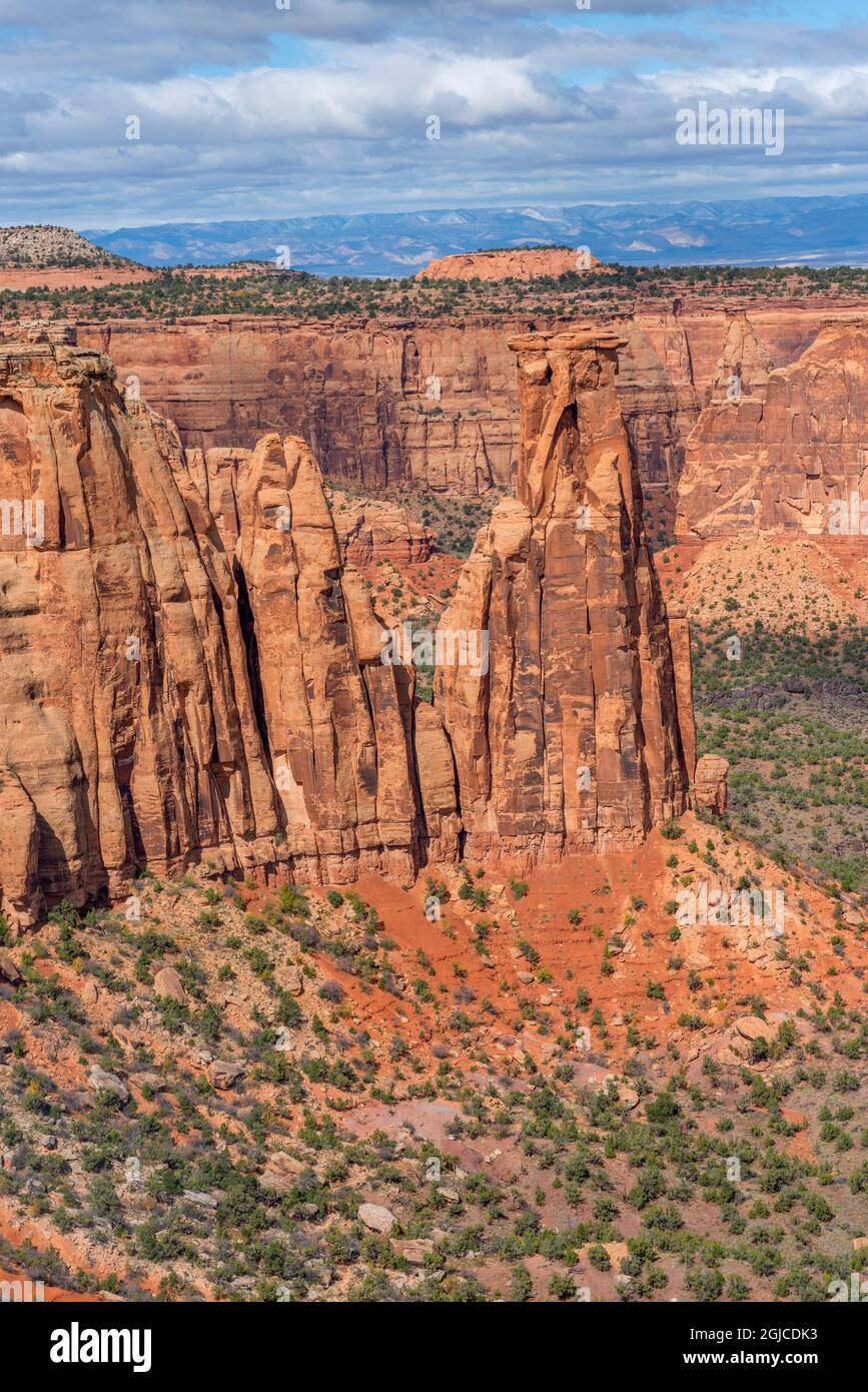 USA, Colorado, Colorado National Monument, Sandstone towers rise from base of Monument Canyon; Monument Canyon Overlook. Stock Photo