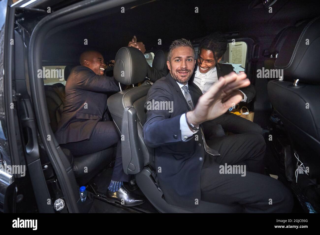 REFILE IMPROVED QUALITY ASAP Rocky (R) leaves the district court in Stockholm by car, after the third day of his trial, August 2, 2019. US rapper A$AP Rocky has been under trial at the Stockholm court to face charges of assault, over a June street brawl. ASAP Rocky was let out of custudy, awating sentence that will be announced on Aug. 14. Photo Fredrik Persson / TT / code 1081  Stock Photo