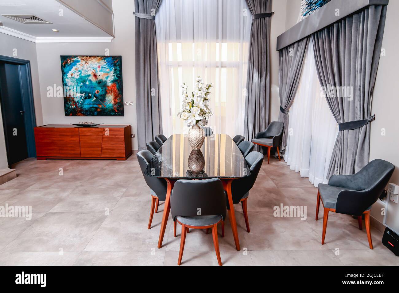 DOHA, QATAR Oct 07, 2018 The stylish dining room interior of the