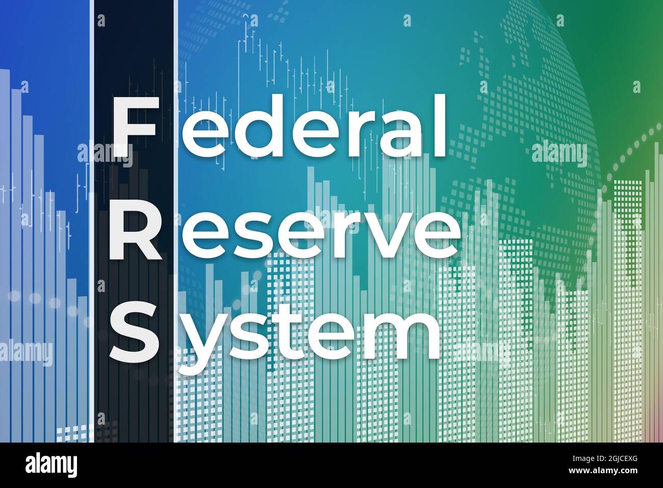 Actions of FRS (Federal Reserve System) on blue and green finance background from graphs, charts, columns, pillars, bars, numbers. Trend Up and Down, Stock Photo