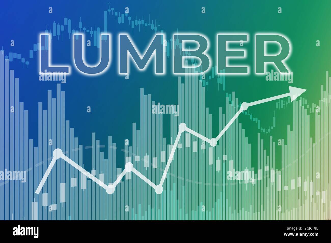 Price change on trading Lumber futures on blue and green finance background from graphs, charts, columns, candles, bars, numbers. Trend Up and Down, F Stock Photo