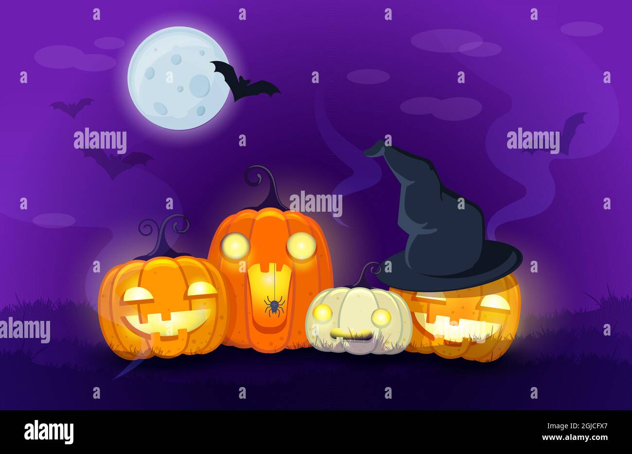 Halloween Pumpkins on night background with bats Stock Vector