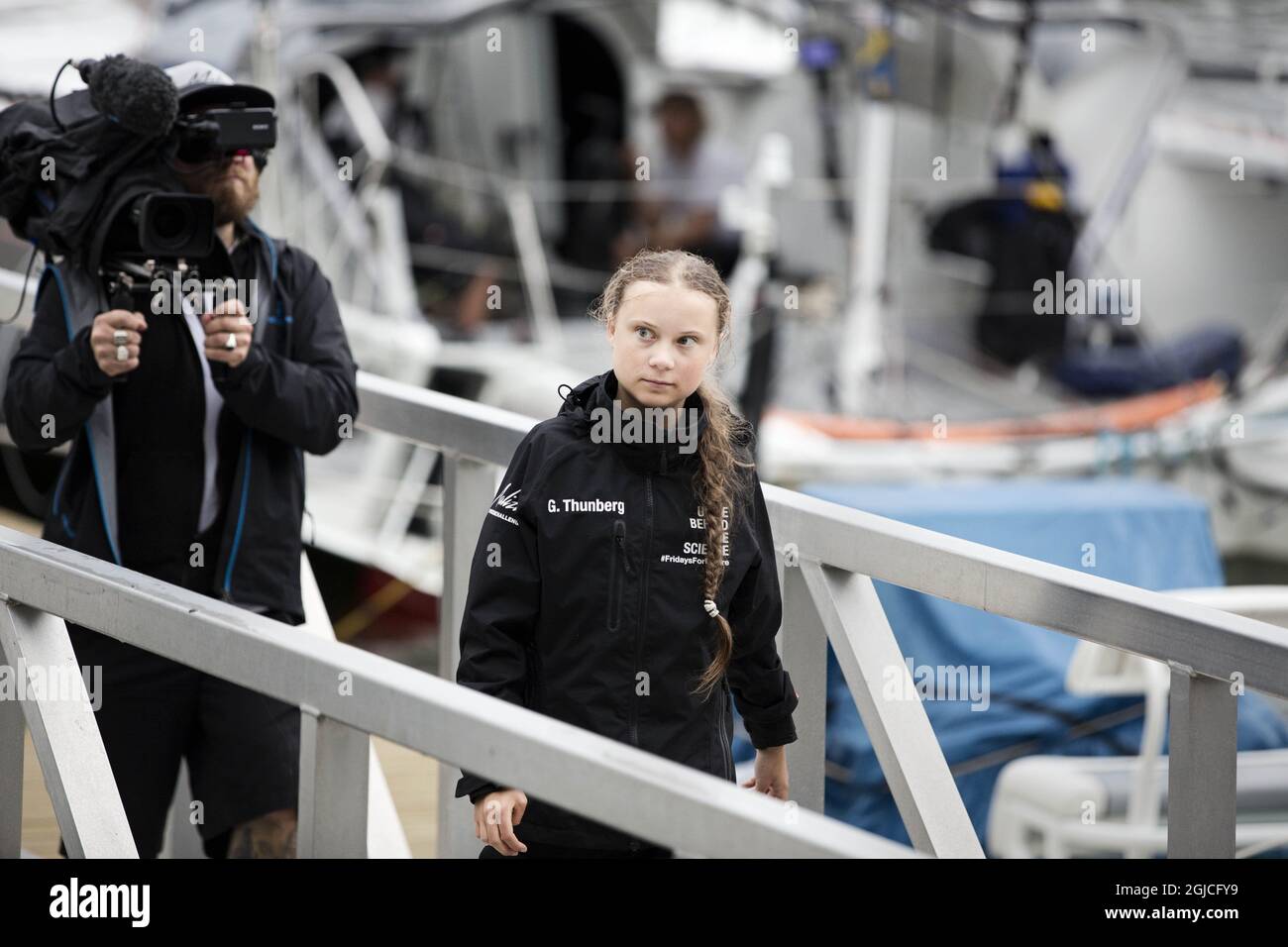 Greta Thunberg, a 16-year-old Swedish climate activist, arrives to New York harbor aboard the Malizia II, Wednesday, Aug. 28, 2019. The zero-emissions yacht left Plymouth, England on Aug. 14. She is scheduled to address the United Nations Climate Action Summit on Sept. 23. 2019-08-28 (c) HÃ–Ã–K PONTUS / Aftonbladet / TT * * * EXPRESSEN OUT * * * AFTONBLADET / 7270  Stock Photo