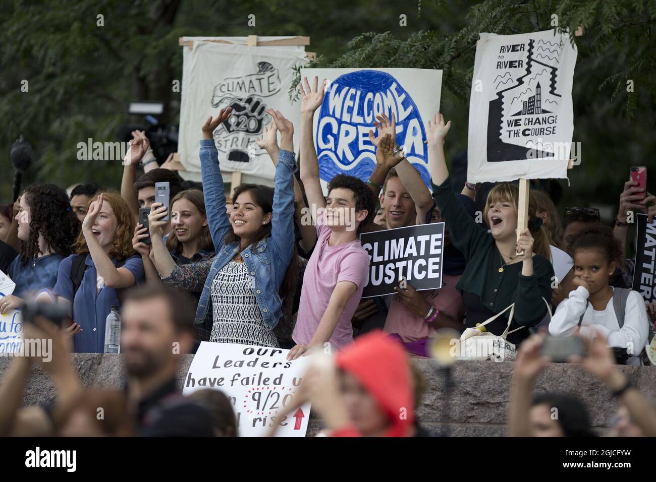 Crowds greeted Greta Thunberg, a 16-year-old Swedish climate activist, sails into New York harbor aboard the Malizia II, Wednesday, Aug. 28, 2019. The zero-emissions yacht left Plymouth, England on Aug. 14. She is scheduled to address the United Nations Climate Action Summit on Sept. 23. 2019-08-28 (c) HÃ–Ã–K PONTUS / Aftonbladet / TT * * * EXPRESSEN OUT * * * AFTONBLADET / 7270  Stock Photo