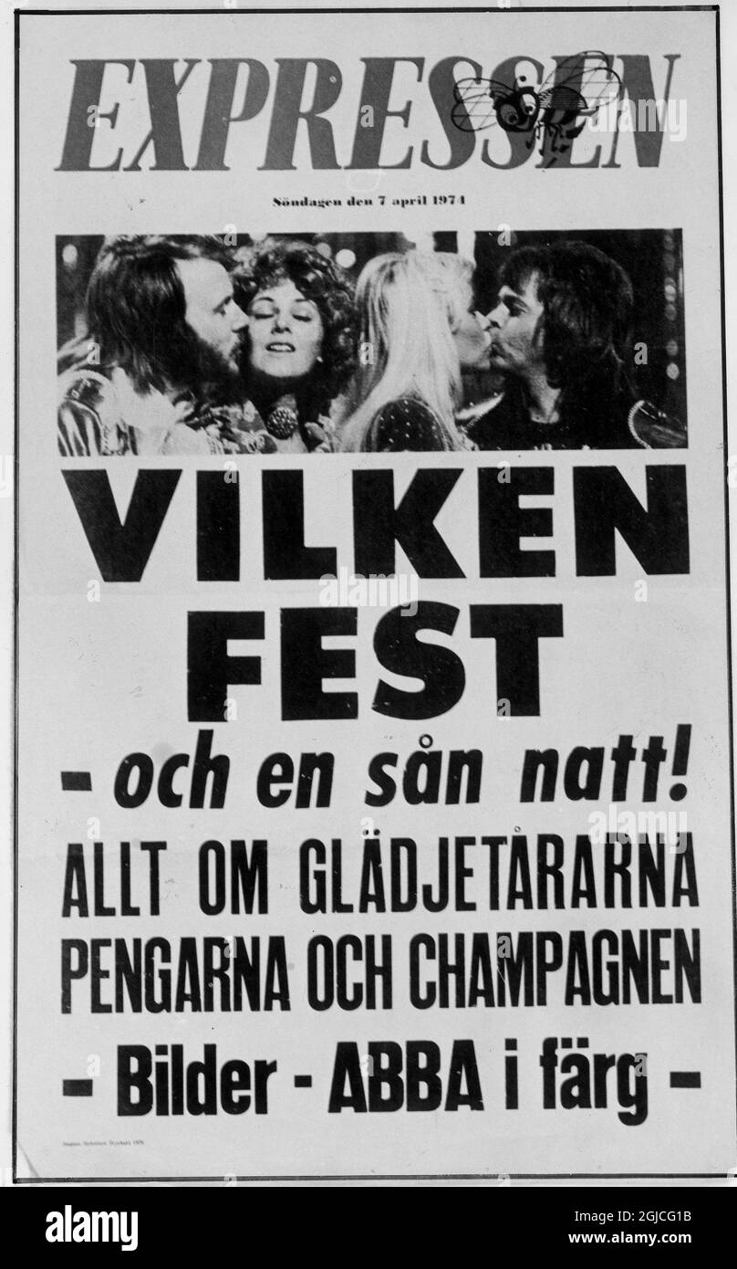 Swedish tabloid Expressen  headline shouts   -What a party - after ABBA won the Eurovsion Song Contest in Brighton 1974   Stock Photo