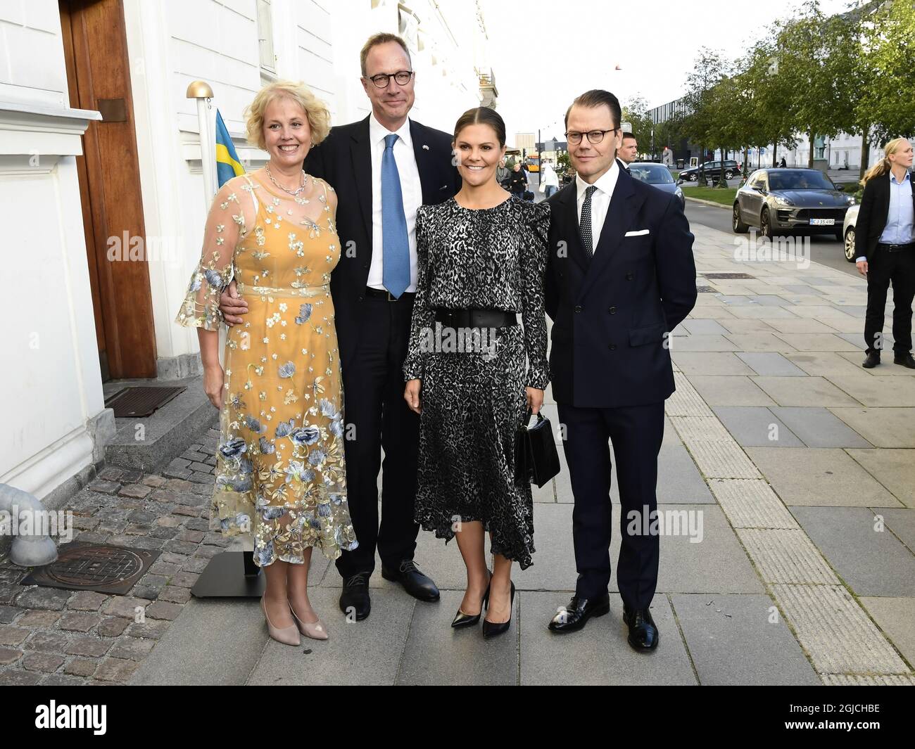 Crown Princess Victoria and Prince Daniel with Sweden's ambassador to Denmark, Fredrik Jorgensen, with wife Marianne, before a dinner at the Ambassadorâ€™s residence in Copenhagen, Denmark on Monday September 16, 2019. The Crown Princess Couple are on a three day long visit to Denmark Foto: Jonas Ekstromer / TT / kod 10030  Stock Photo