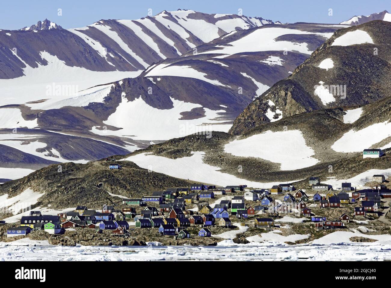 The village of Ittoqqortoormiit, , Sermersooq county Scorebysund, Greenland,Arctic Ocean, , climate change planet environment global heating Foto: Helena Larsson / TT/ kod 2727 Stock Photo