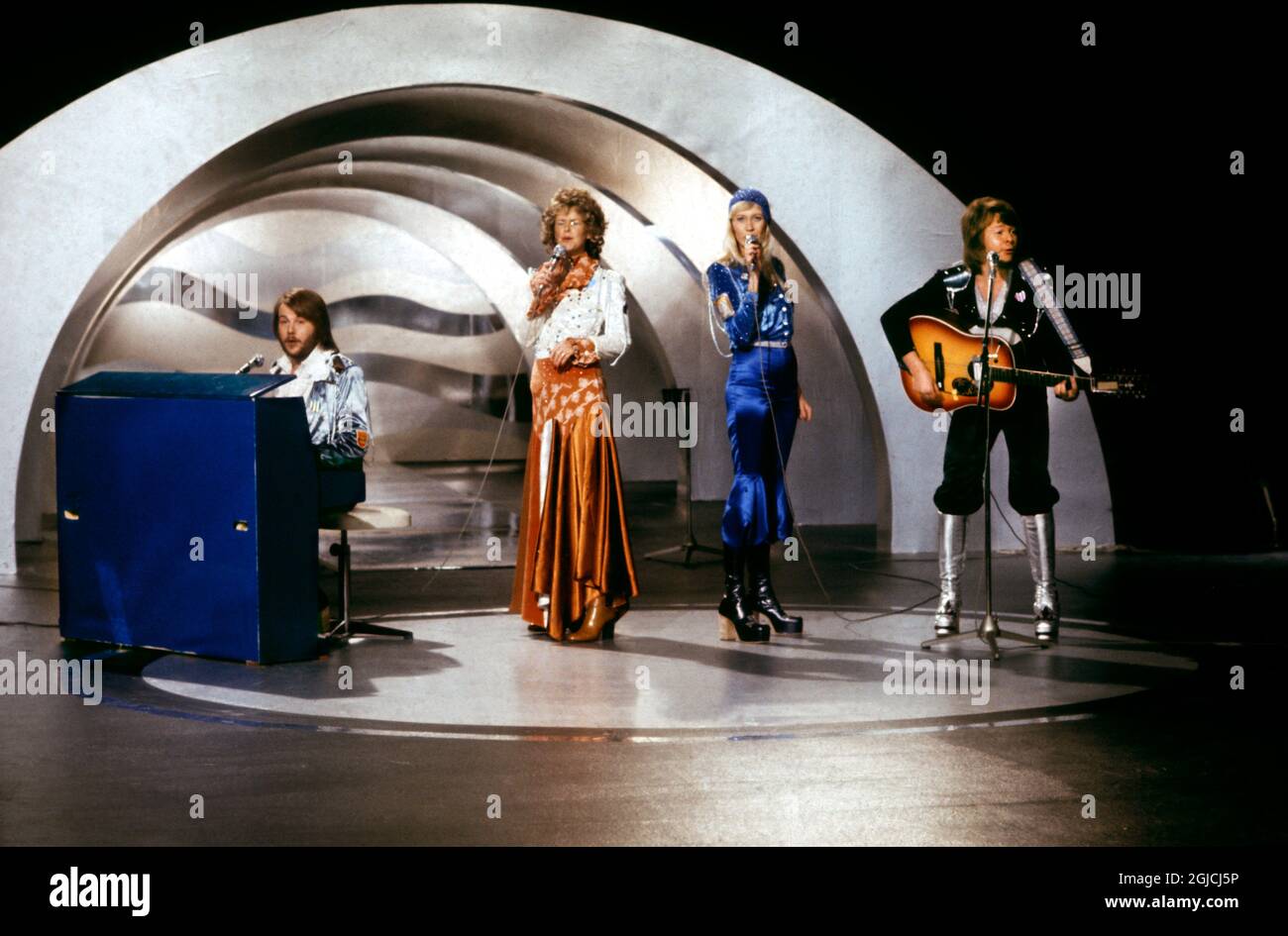 Picture taken on February 9, 1974 at a studio in Stockholm shows the  Swedish pop group Abba with its members (L-R) Benny Andersson, Anni-Frid  Lyngstad, Agnetha Faltskog and Bjorn Ulvaeus during the