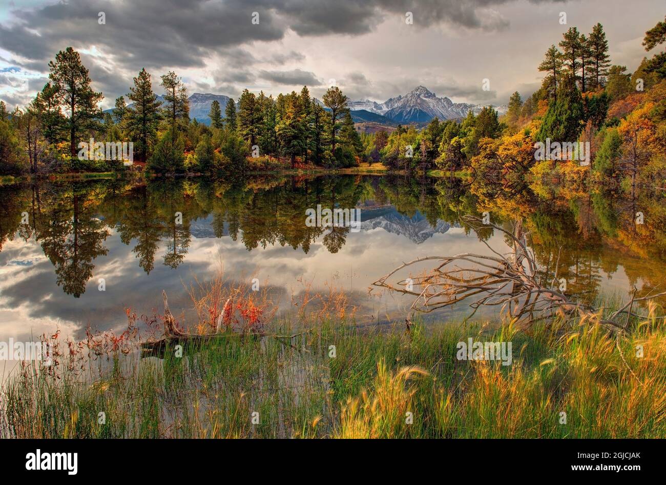 A tranquil pond reflects Mt. Snaffles and Fall in the Colorado Rocky Mountains Stock Photo