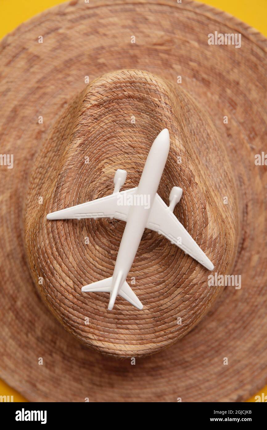 Model airplane on a straw hat. Summer holiday vacation background Stock Photo