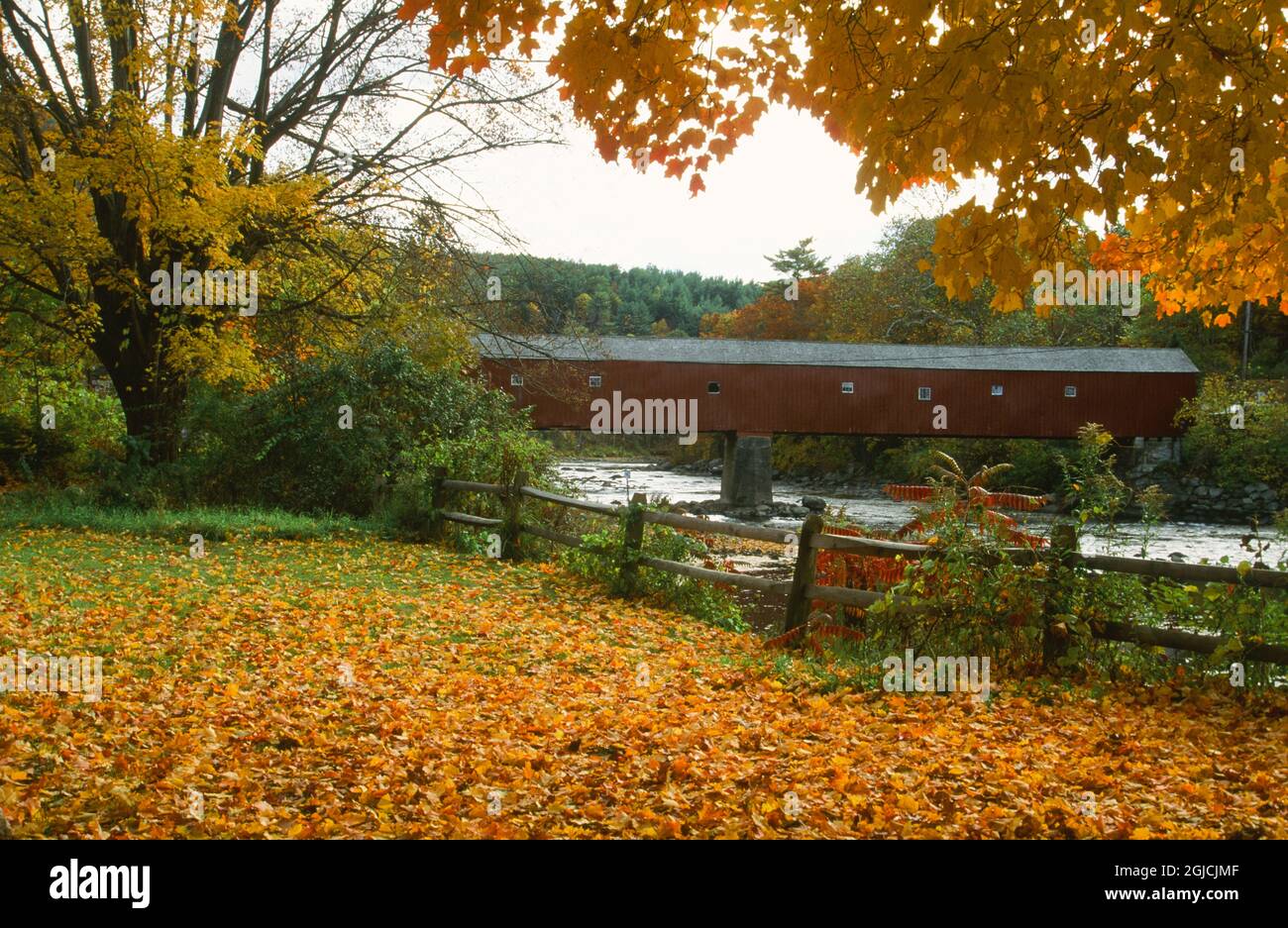 Historic West Cornwall Connecticut Covered Bridge and fall foliage, New