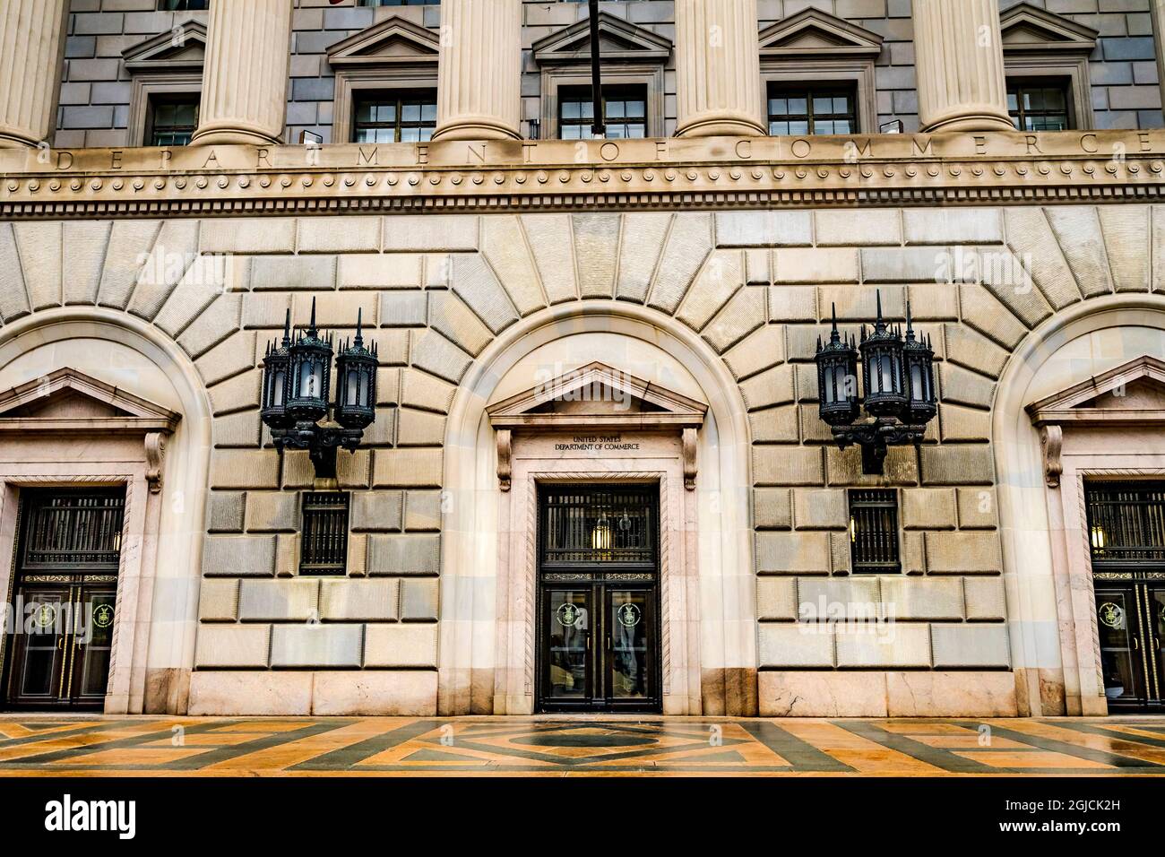 Main entrance to Herbert Hoover Building, Commerce Department, 14th Street, Washington DC, USA. Stock Photo