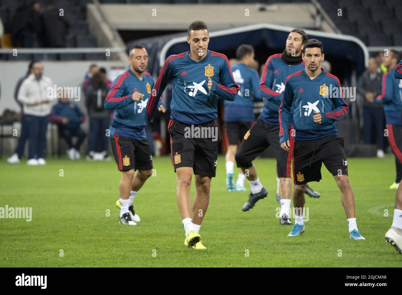Spain's national soccer player Rodrigo Moreno Machado (front L) attends a training session at Friens Arena in Solna, Stockholm, Sweden, on Oct. 14, 2019, on the eve of the Euro 2020 Group F qualification soccer match between Sweden and Spain. Photo: Jessica Gow / TT / code 10070  Stock Photo