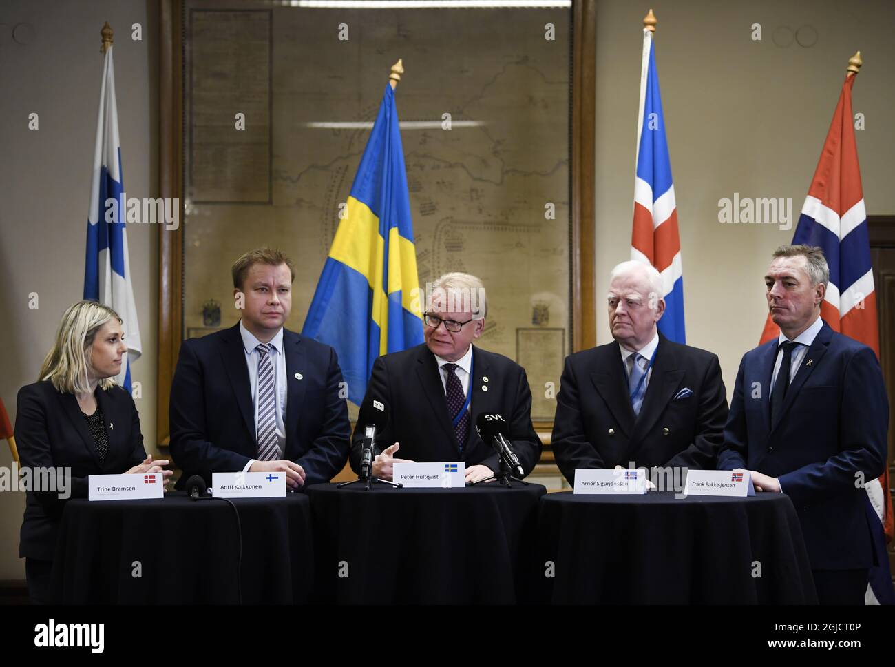 (L-R) Denmarkâ€™s Minister of Defence Trine Bramsen, Finlandâ€™s Minister of Defence Antti Kaikkonen, Sweden's Minister of Defence Peter Hultqvist, Director General of the Defence Directorate at Icelandâ€™s Ministry for Foreign Affairs ArnÃ³r SigurjÃ³nsson and Norwayâ€™s Minister of Defence Frank Bakke-Jensen during a press conference in connection with the Nordic defence minister meeting within the framework of the common Nordic Defence Cooperation (NORDEFCO) held in Stockholm, Sweden November 19, 2019. Photo: Pontus Lundahl / TT kod 10050  Stock Photo