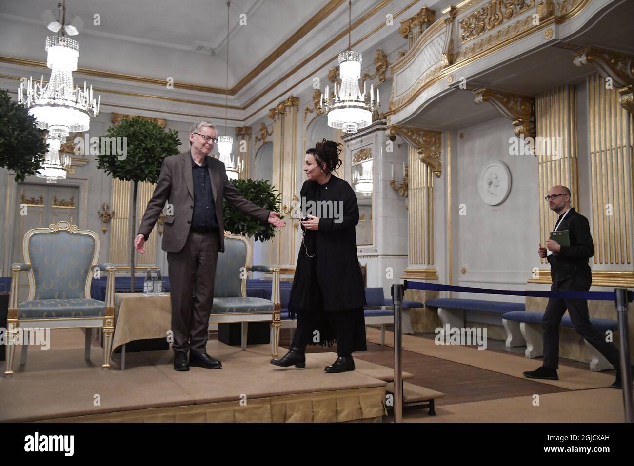 STOCKHOLM 20191206 Olga Tokarczuk, Nobel Prize Literature laureate 2018, speaks at a press conference at the Swedish Academy in Stockholm, December 6, 2019 Photo: Anders Wiklund / TT  Stock Photo