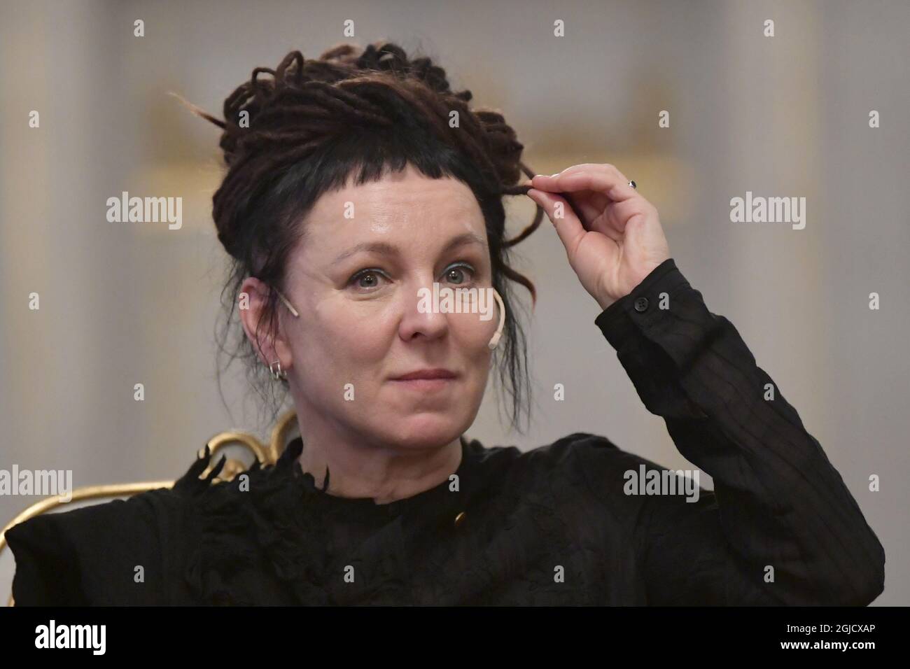 STOCKHOLM 20191206 Olga Tokarczuk, Nobel Prize Literature laureate 2018, speaks at a press conference at the Swedish Academy in Stockholm, December 6, 2019 Photo: Anders Wiklund / TT  Stock Photo