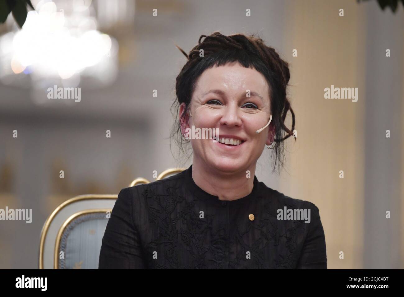 STOCKHOLM 20191206 Olga Tokarczuk, Nobel Prize Literature laureate 2018, speaks at a press conference at the Swedish Academy in Stockholm, December 6, 2019 Photo: Anders Wiklund / TT  Stock Photo