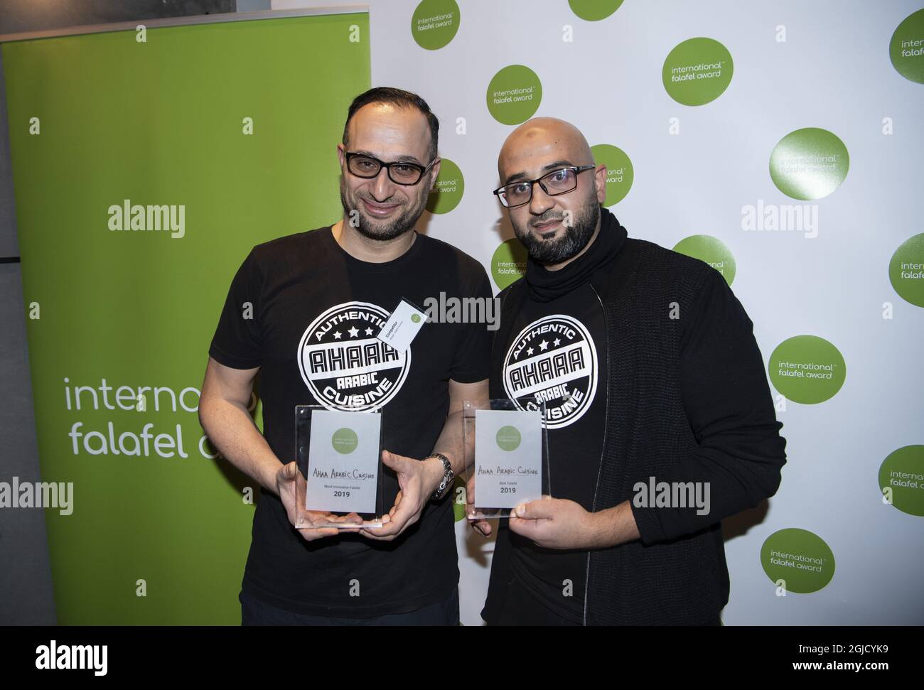 The world's best falafel is still Danish. Ali Abdullah and Hazim El-Yahya at Danish Ahaaa Arabic Cuisine won the Best Falafel and Most Innovative Falafel categories. Fifteen teams from six countries competed at the International Falafel Award 2019 in Malmoe, Sweden on Saturday December 14, 2019. Photo: Johan Nilsson / TT / code 50090 Stock Photo