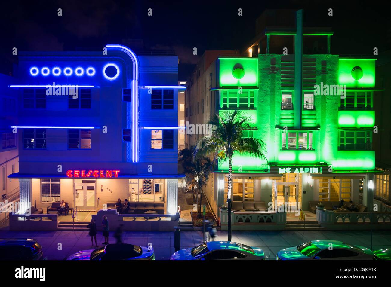 USA, Florida, Miami. Ocean Drive on Miami's South Beach is known for its Art Deco hotels, restaurants, bars, and nightclubs which feature elaborate li Stock Photo