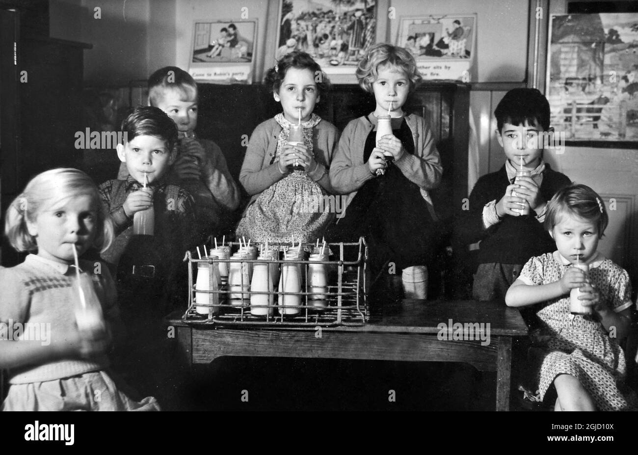 School children drinking free school milk Britain 1955 Stock Photo